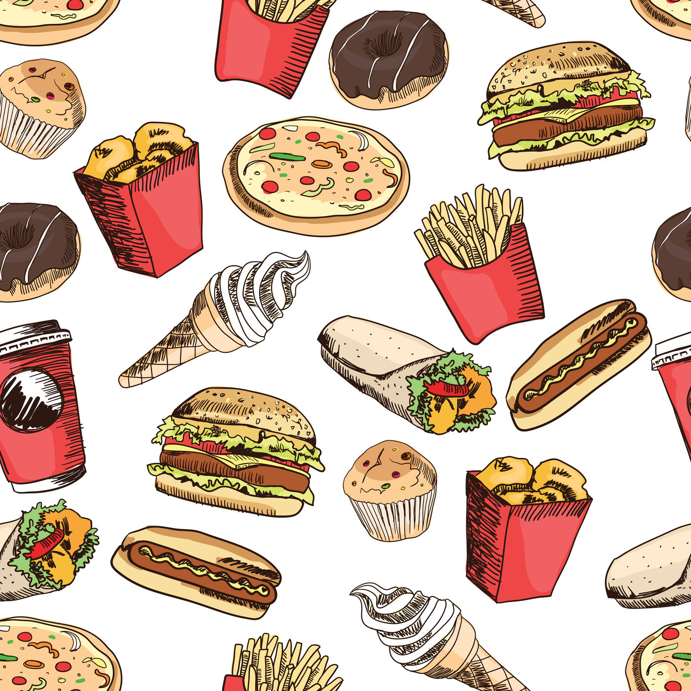 1400x1400 Fast Food Pattern Vector Illustration