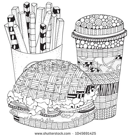 450x470 Fast Food Burger, French Fries, Drink Black And White Vector
