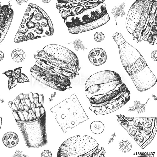 500x500 Burgers Seamless Pattern Hand Drawn Vector Illustration Fast