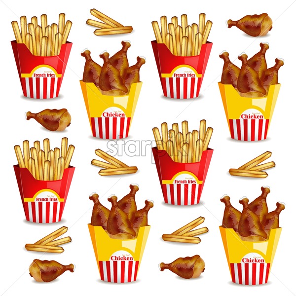 600x600 French Fries And Chicken Wings Vector Realistic Fast Food Pattern