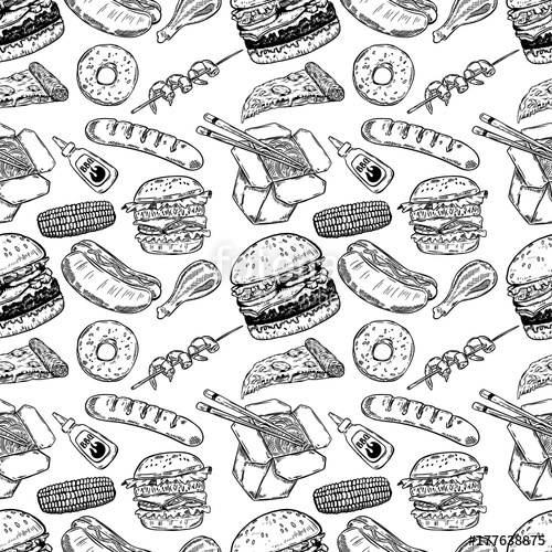 500x500 Seamless Pattern With Hand Drawn Fast Food Burger, Donut, Hot Dog
