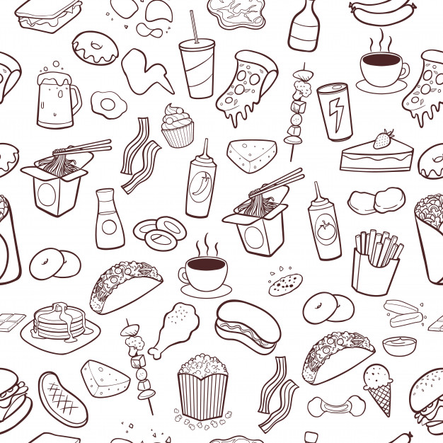 626x626 Fast Food Hand Drawn Doodles Seamless Pattern Background Vector