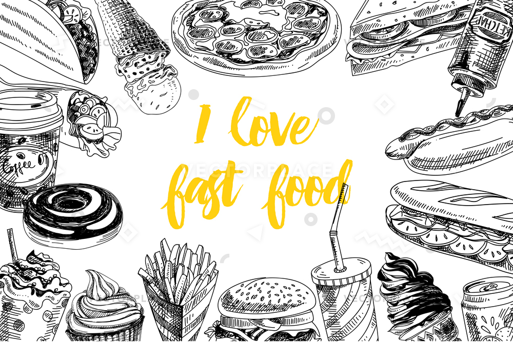 1000x667 Hand Drawn Fast Food Vintage Style Vector Illustration