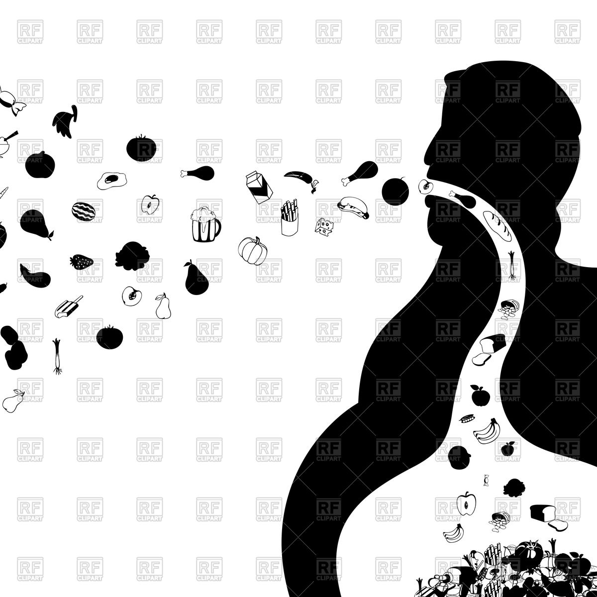 1200x1200 Silhouette Of Fat Man With Foodstuff Icons Vector Image Of People