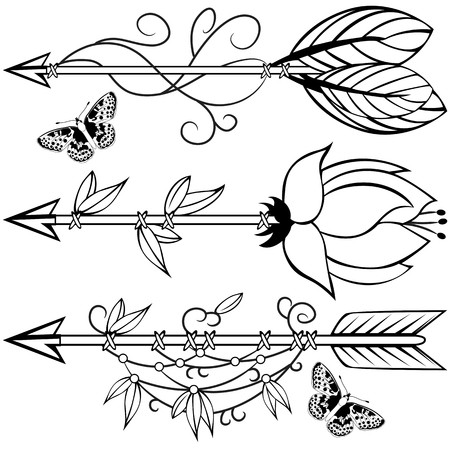 450x450 Vector Of Hand Drawn Wooden Arrow With Feathers, Flowers
