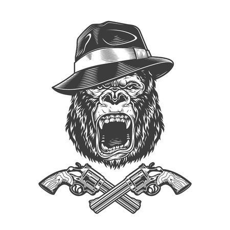 450x450 Angry Gorilla Head In Fedora Hat With Crossed Pistols In Vintage