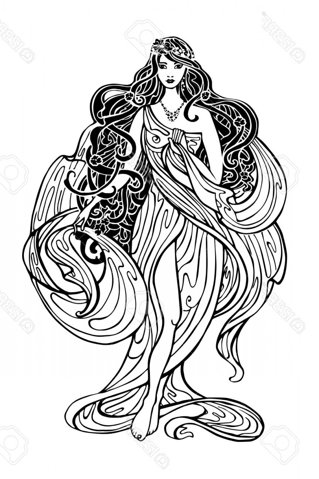 Photostock Vector Art Nouveau Styled Woman With Long Flowing Hair 1039x1560 Photostock Vector Art Nouveau Styled Woman With Long Flowing Hair