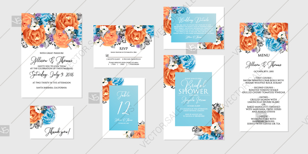 600x300 Peach Orange Soft Blue Rose Peony Wedding Invitation Set Printable