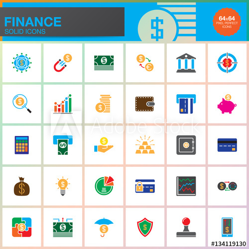 500x500 Finance Vector Icons Set, Money Solid Symbol Collection, Color