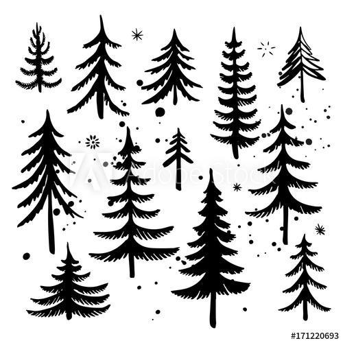500x500 Set Of Hand Drawn Christmas Tree Fir Tree Silhouettes Vector