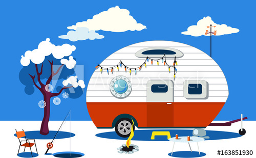 500x310 Winter Travelling Scene With A Vintage Camper, A Fire Pit, Fishing