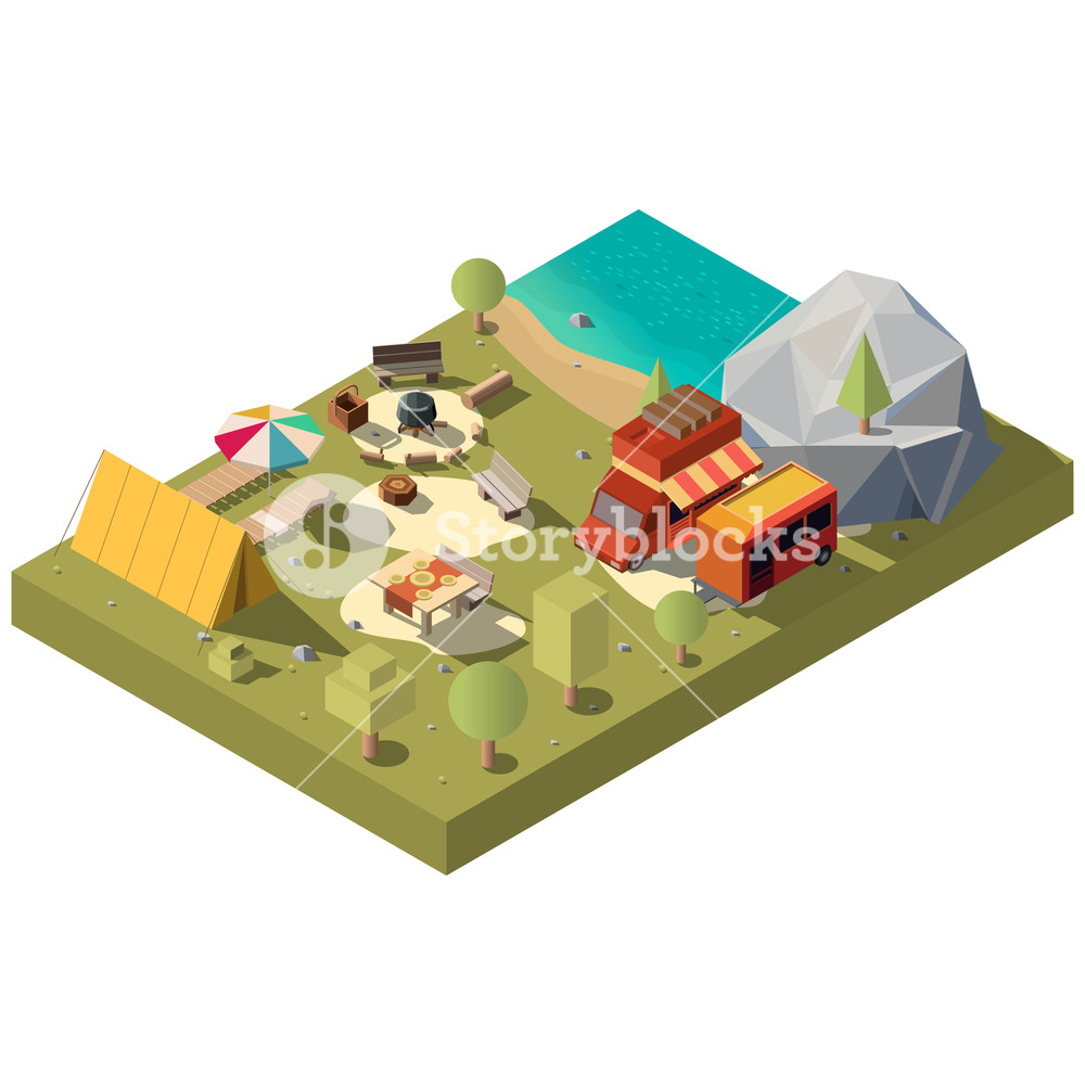 1000x1000 Campsite On River Or Lake Shore Isometric Vector With Camping