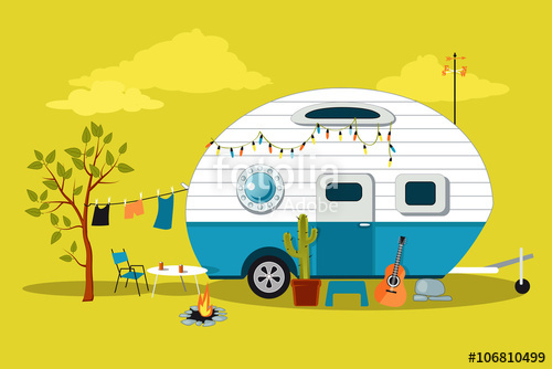 500x334 Cartoon Travelling Scene With A Vintage Camper, A Fire Pit