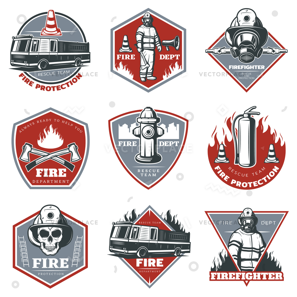 1000x1000 Vintage Firefighting Labels Set Fireman Truck Vector Illustration