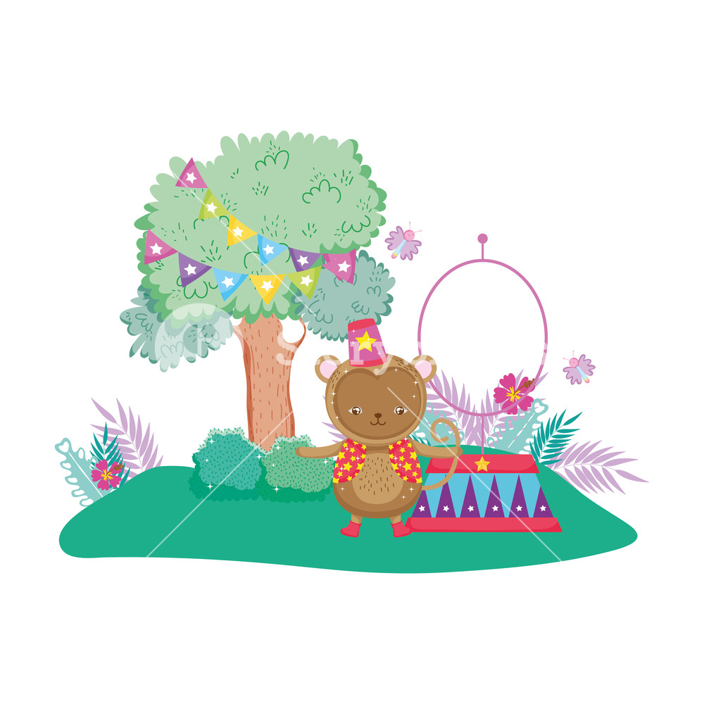 1000x1000 Funny Circus Monkey With Hat And Fire Ring Vector Illustration