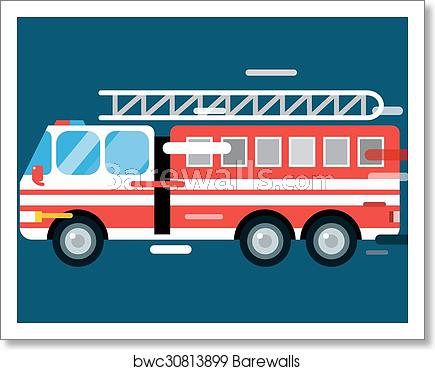 435x370 Fire Truck Car Isolated Vector Cartoon Silhouette, Art Print