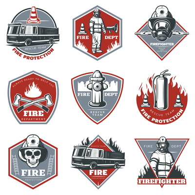 400x400 Vintage Firefighting Emblems Set Fireman Fire Vector Illustration