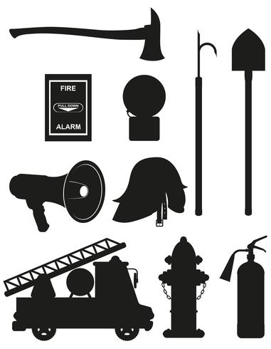 381x490 Set Icons Of Firefighting Equipment Black Silhouette Vector
