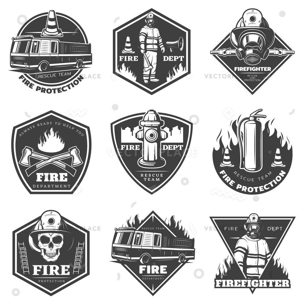 1000x1000 Monochrome Professional Firefighting Labels Set Fireman Vector