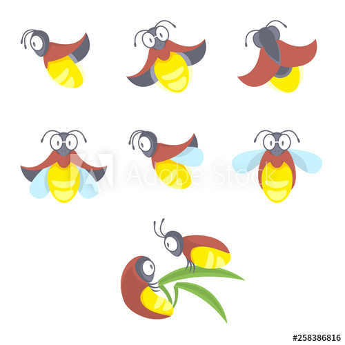500x500 Insect Beetle Firefly Vector Set Of Eight Simple Cartoon Drawings