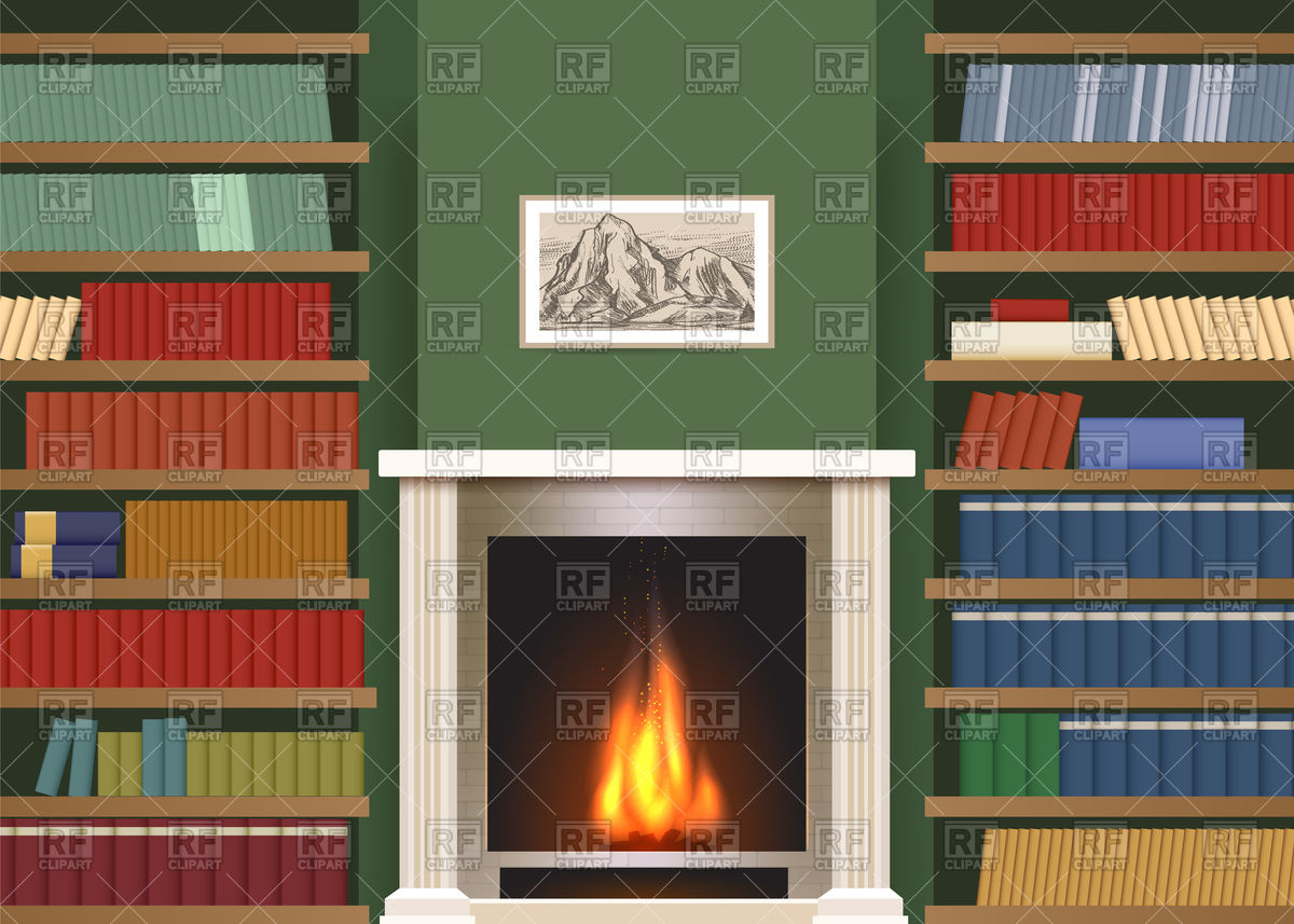 Living Room With Bookshelves And Fireplace Vector Image 1200x857 Living Room With Bookshelves And Fireplace Vector Image