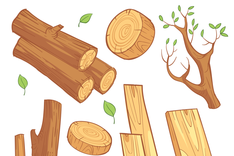 800x533 Cartoon Wooden Materials, Lumber, Firewood, Wood Stump Vector Set