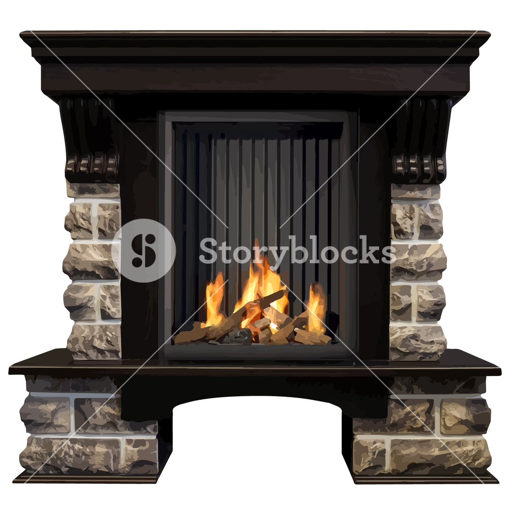 1000x1000 Burning Fireplace Made Of A Natural Stone With Firewood Vector