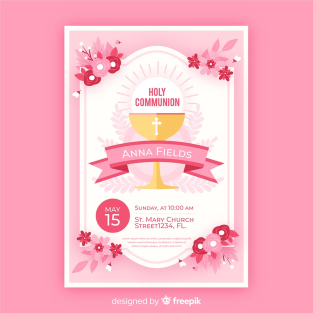626x626 Flat Flowers First Communion Invitation Vector Free Download