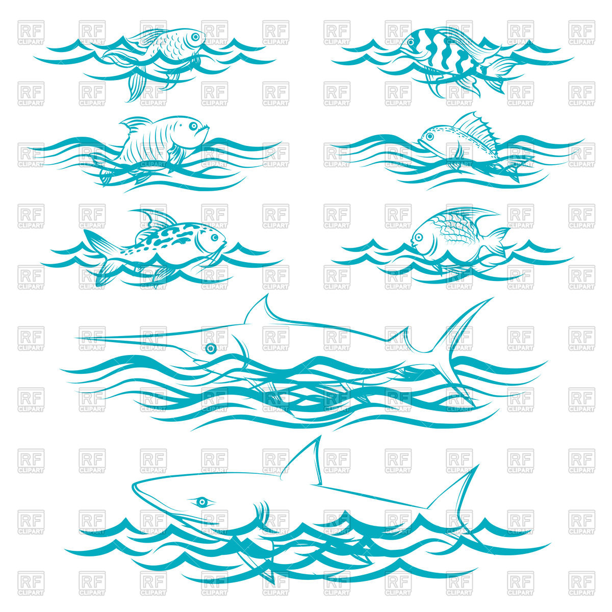 1200x1200 Hand Drawn Fish In The Waves Isolated On White Background Vector