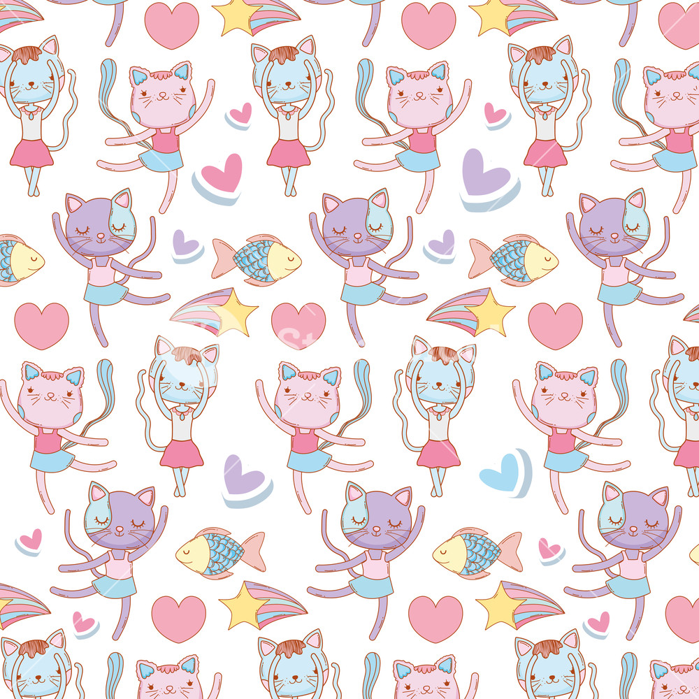 1000x1000 Female Cats Animals With Hearts And Fish Background Vector