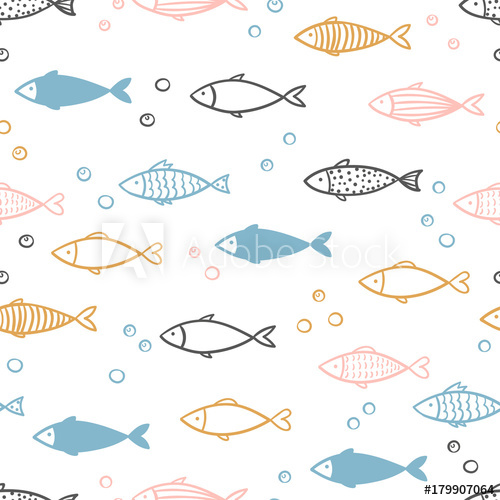 Seamless Vector Hand Drawn Fish Pattern 500x500 Seamless Vector Hand Drawn Fish Pattern