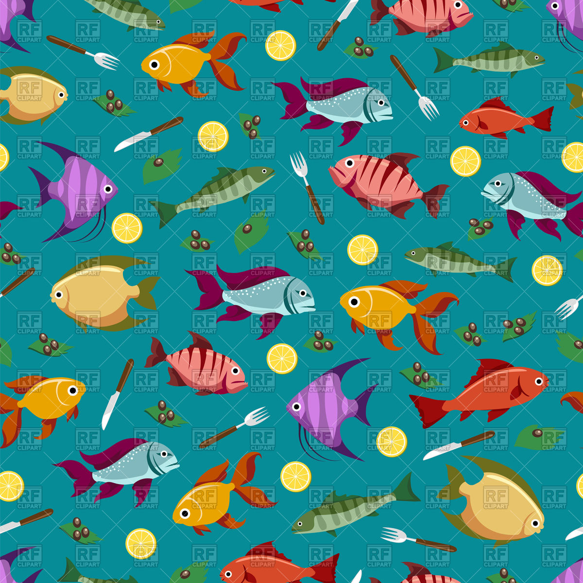 Colorful Seamless Pattern With Fish Lemon And Olive Vector Image 1200x1200 Colorful Seamless Pattern With Fish Lemon And Olive Vector Image