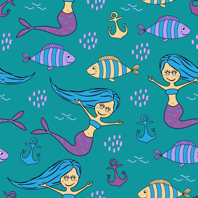 Cute Fish And Mermaid Drawing Seamless Pattern, Background 640x640 Cute Fish And Mermaid Drawing Seamless Pattern, Background