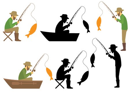 450x318 Fishing Vector Illustration, Fisherman With Rod And Fish Royalty
