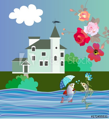 461x500 Beautiful Card With Light Green Castle, River And Cute Cartoon