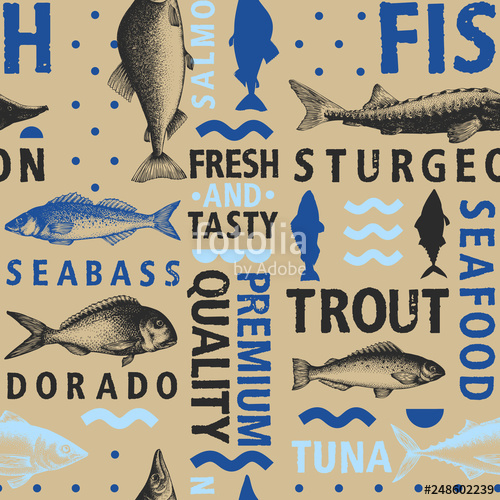 500x500 Typographic Vector Fish Seamless Pattern On Light And Dark