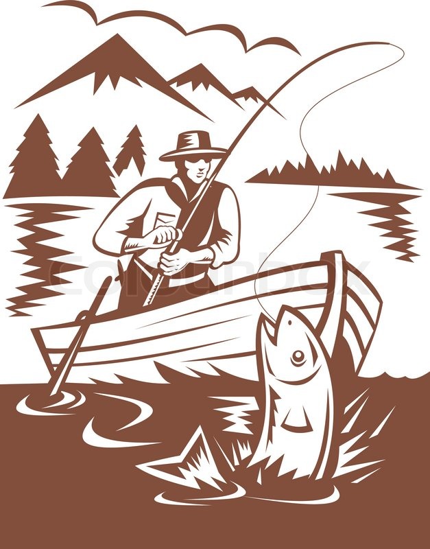 627x800 Fisherman Fly Fishing Catching Fish Stock Vector Colourbox