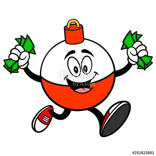 Fishing Bobber Mascot Running With Money 500x500 Fishing Bobber Mascot Running With Money