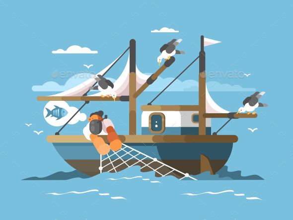 590x443 Fisherman Pulls Fishing Net Illustrator Fish Illustration
