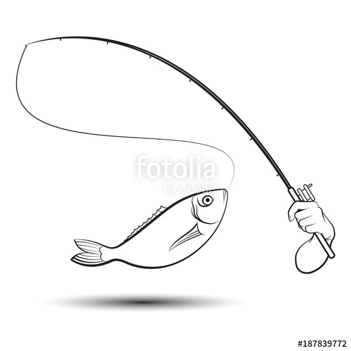 500x500 Black Outline Hand Catching Fish With Fishing Pole Vector Cartoon