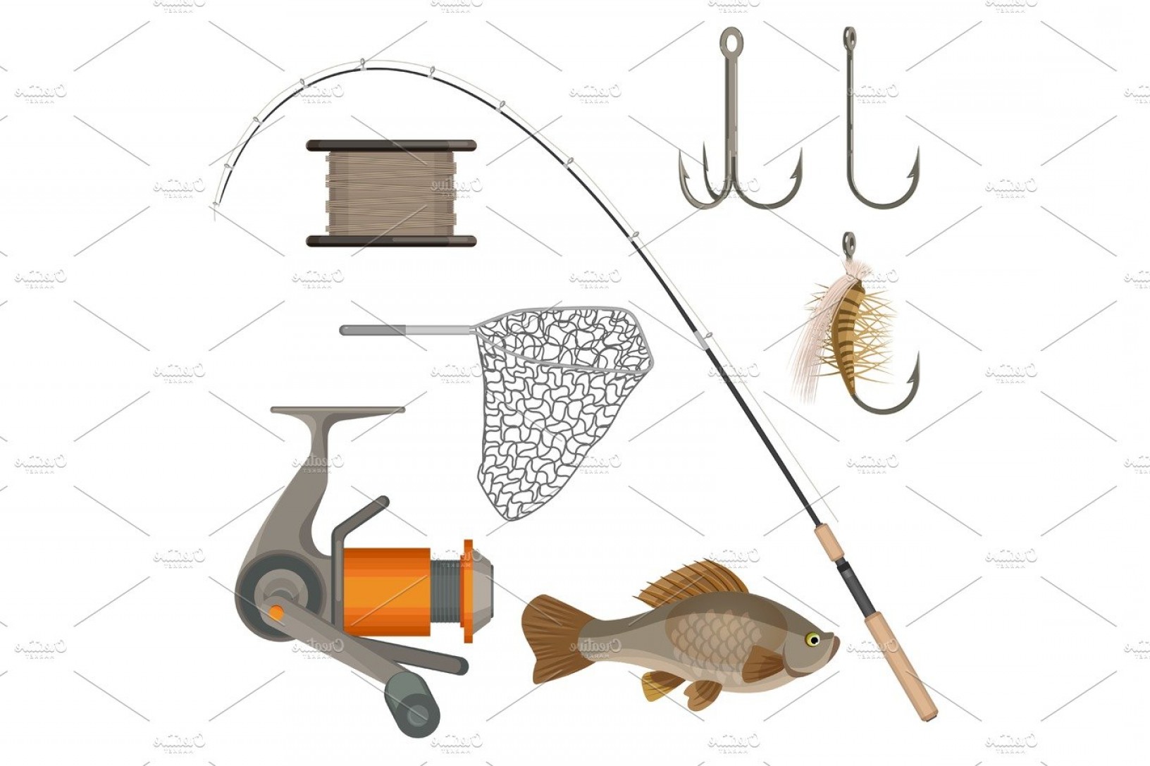1632x1087 Vector Of Two Hooks Bobbin Landing Net Spinning Reel Fish Rod