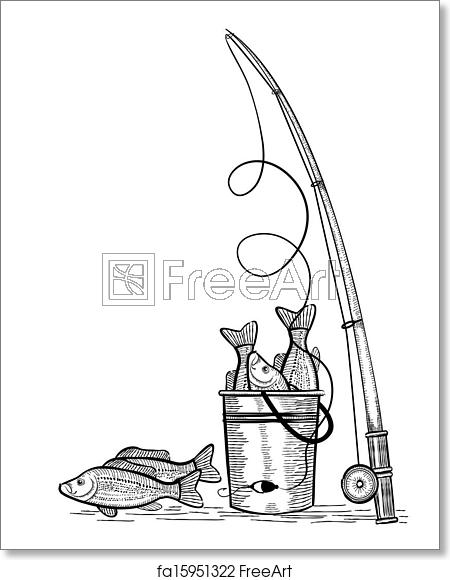 450x580 Free Art Print Of Fishing Rod And Fishes Vector Black Drawing