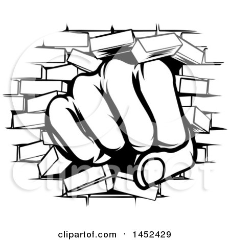 450x470 Clipart Of A Black And White Fist Punching Through A Brick Wall