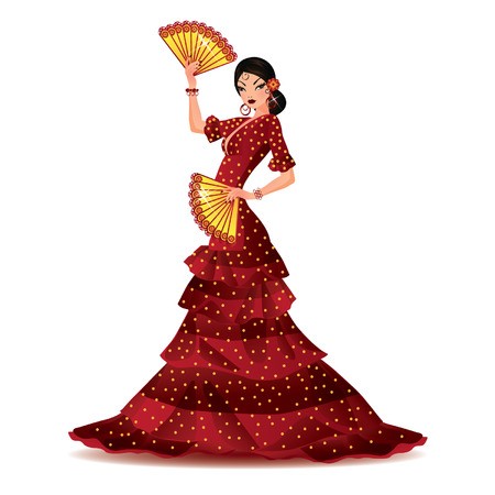 450x450 Spanish Girl With Two Fans Dances A Flamenco, Vector Illustration