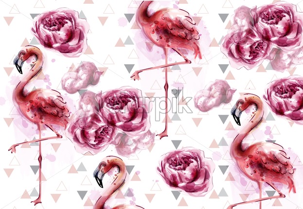 623x430 Flamingo And Peony Flowers Watercolor Background Vector