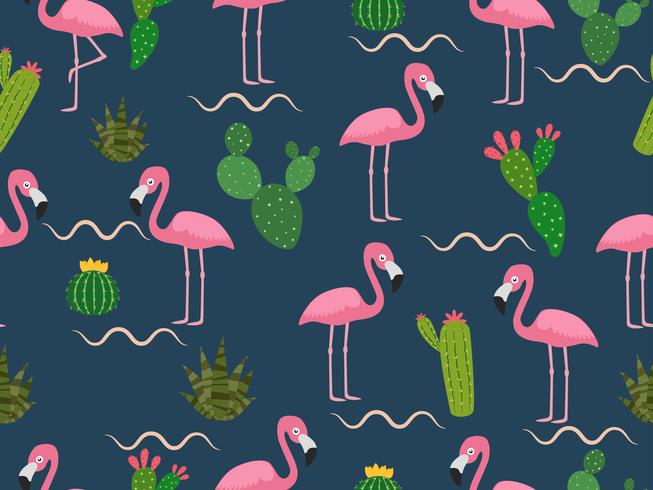 653x490 Seamless Pattern Of Pink Flamingo With Tropical Cactus On Dark