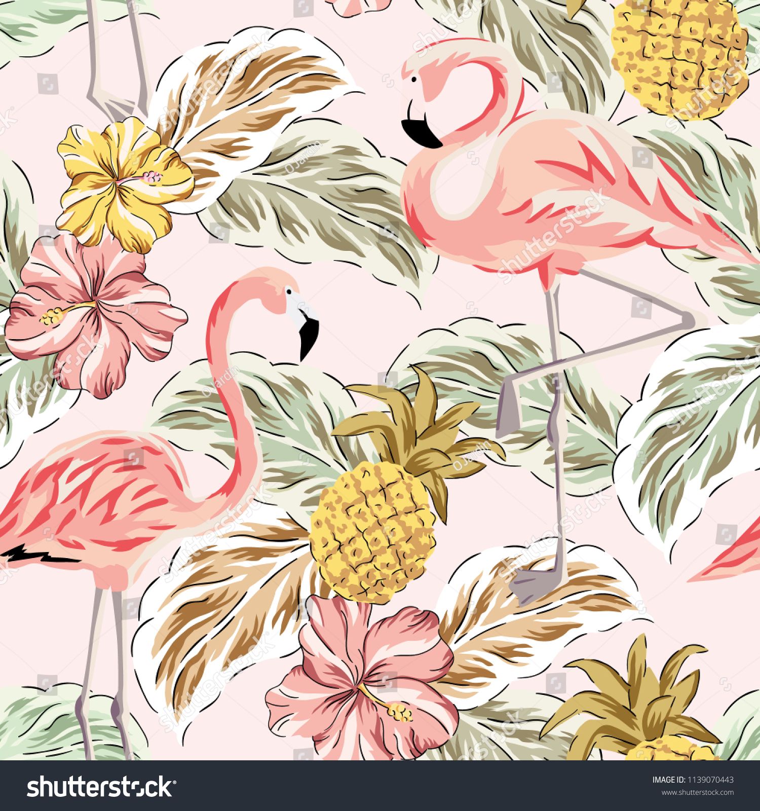 1500x1600 Tropical Pink Flamingo Birds, Pineapples, Hibiscus Flowers