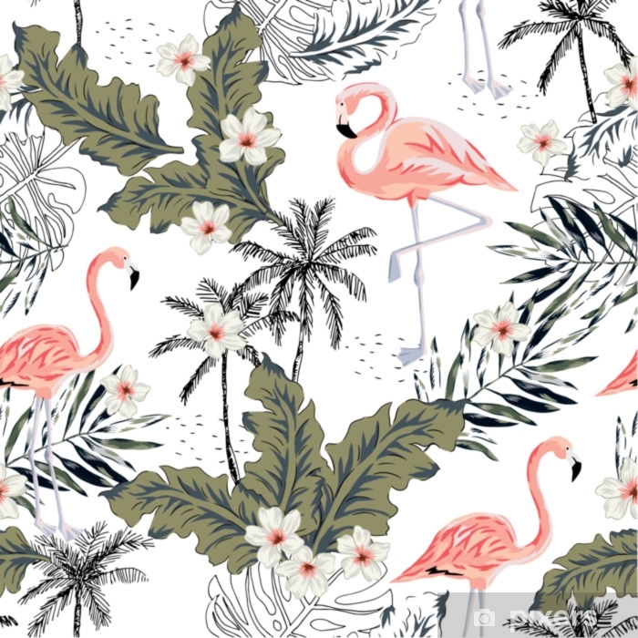700x700 Tropical Pink Flamingo Birds, Plumeria Flowers, Palm Leaves, Trees