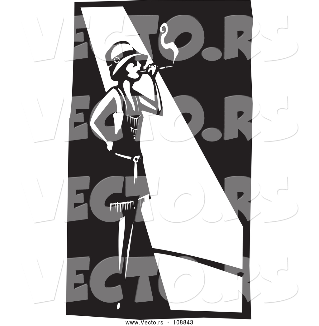 1024x1044 Vector Of Black And White Woodcut Flapper Girl Smoking A Cigarette