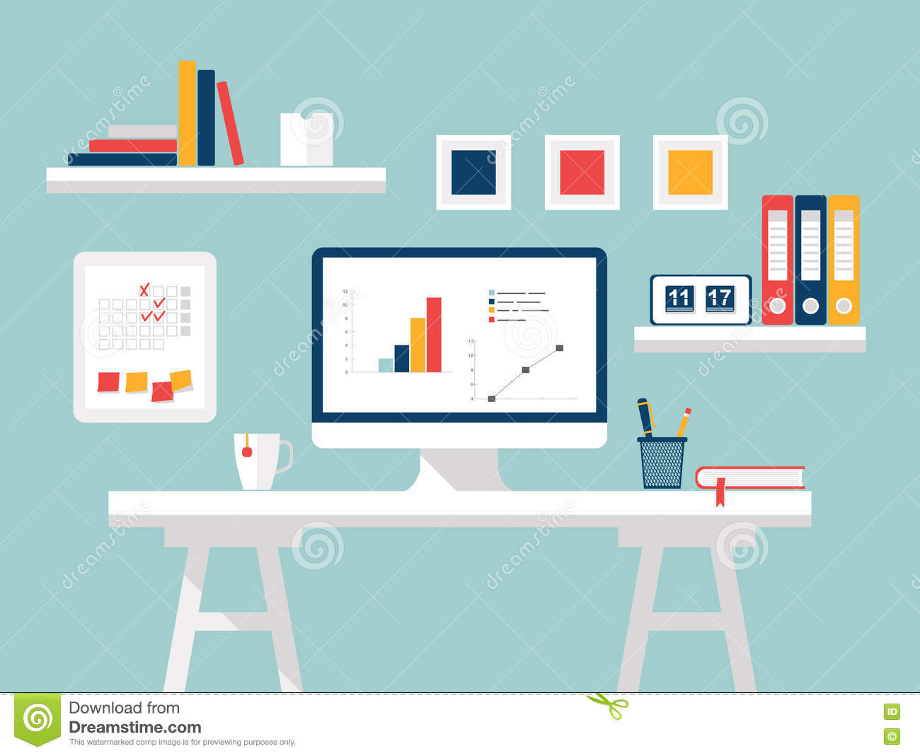 1300x1068 Home Office Flat Design Vector Illustration Of Modern, Computer
